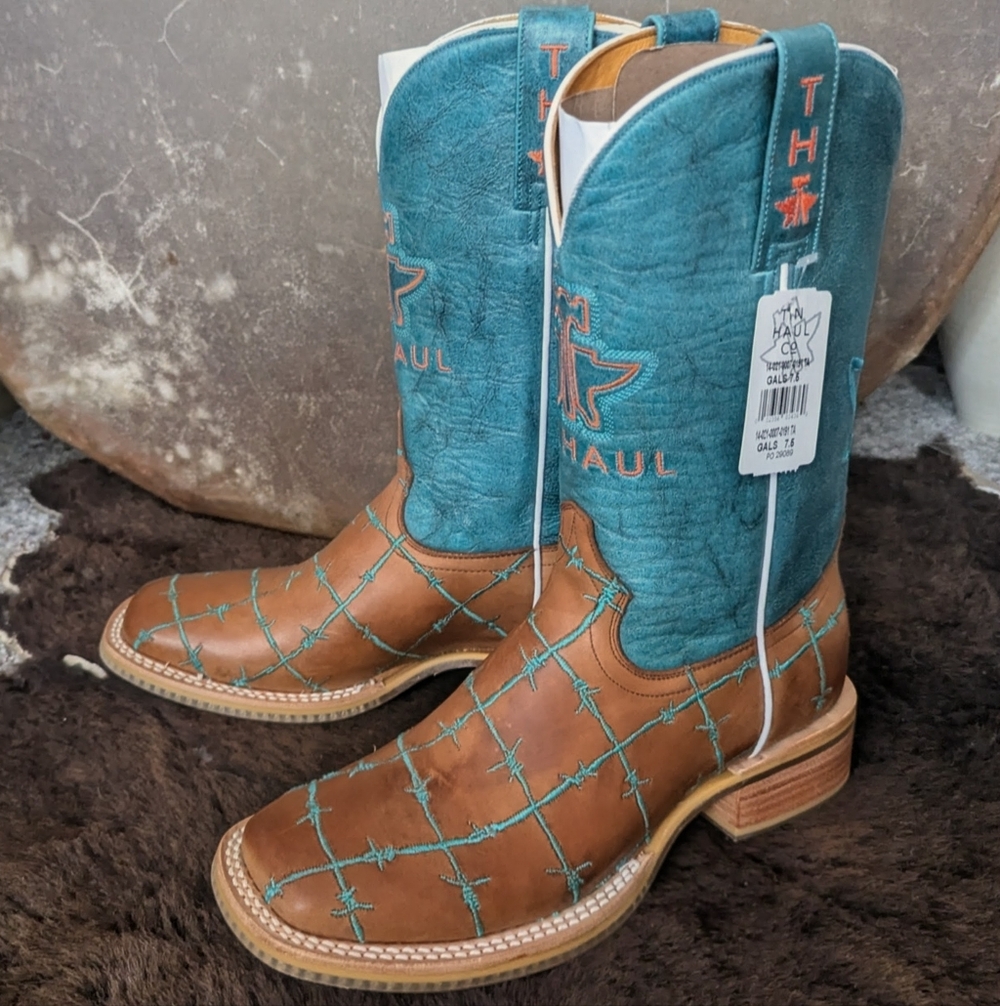 TIN HAUL "Barb'd Wire" turquoise & brown leather square toe cowgirl boots sz 7.5 - Picture 3 of 16